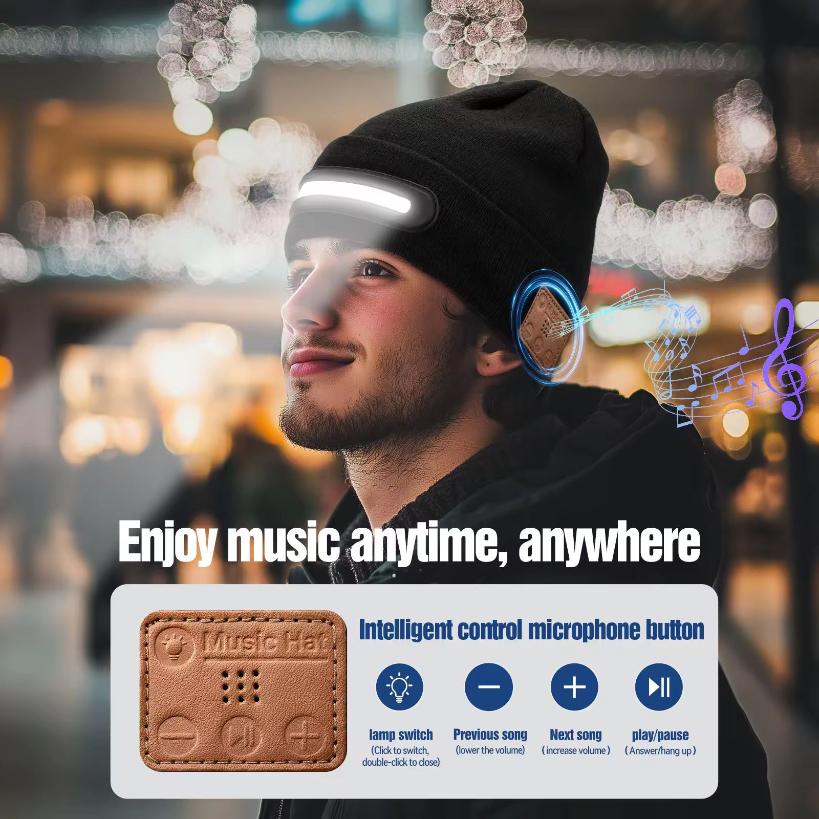 !M1-BTD3 Rechargeable LED Light Beanie Hat Night Running Bluetooth-Compatible Music Headset Cap